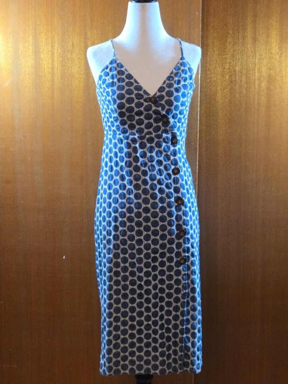 Waverly Grey Blue Cotton Eyelet Asymmetrical Button Midi Dress - Size XS